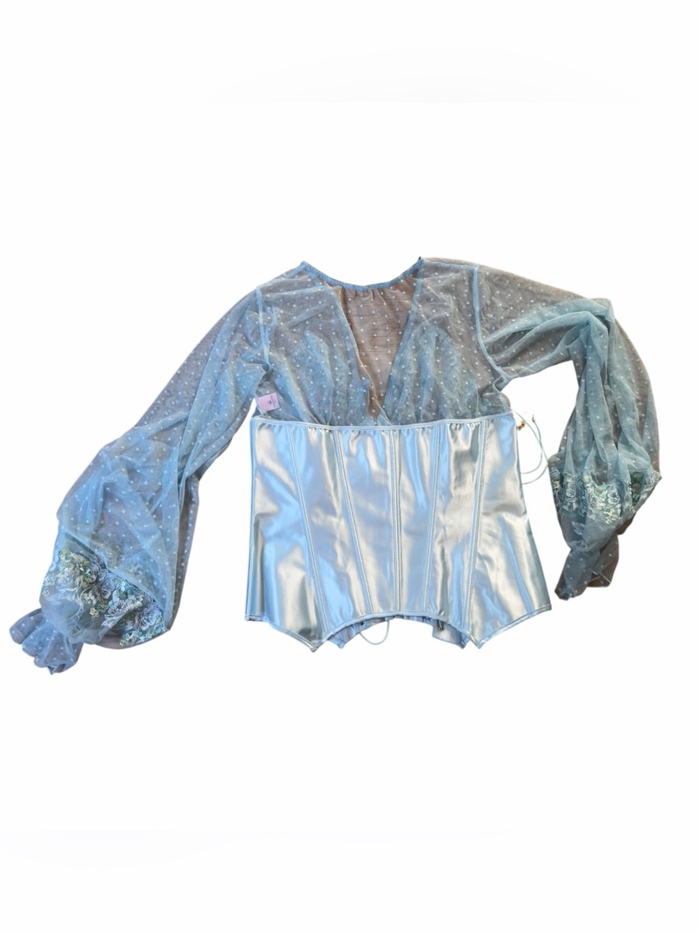 Empress Mimi Madame X Blue Butterfly Lace Corset XXL NWT Sheer Polka Dot Sleeves - Picture 8 of 15